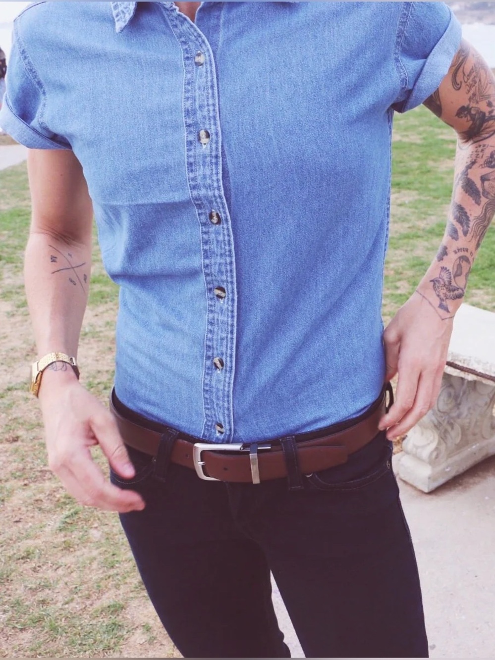 XS Faded Denim Short-Sleeve Shirt